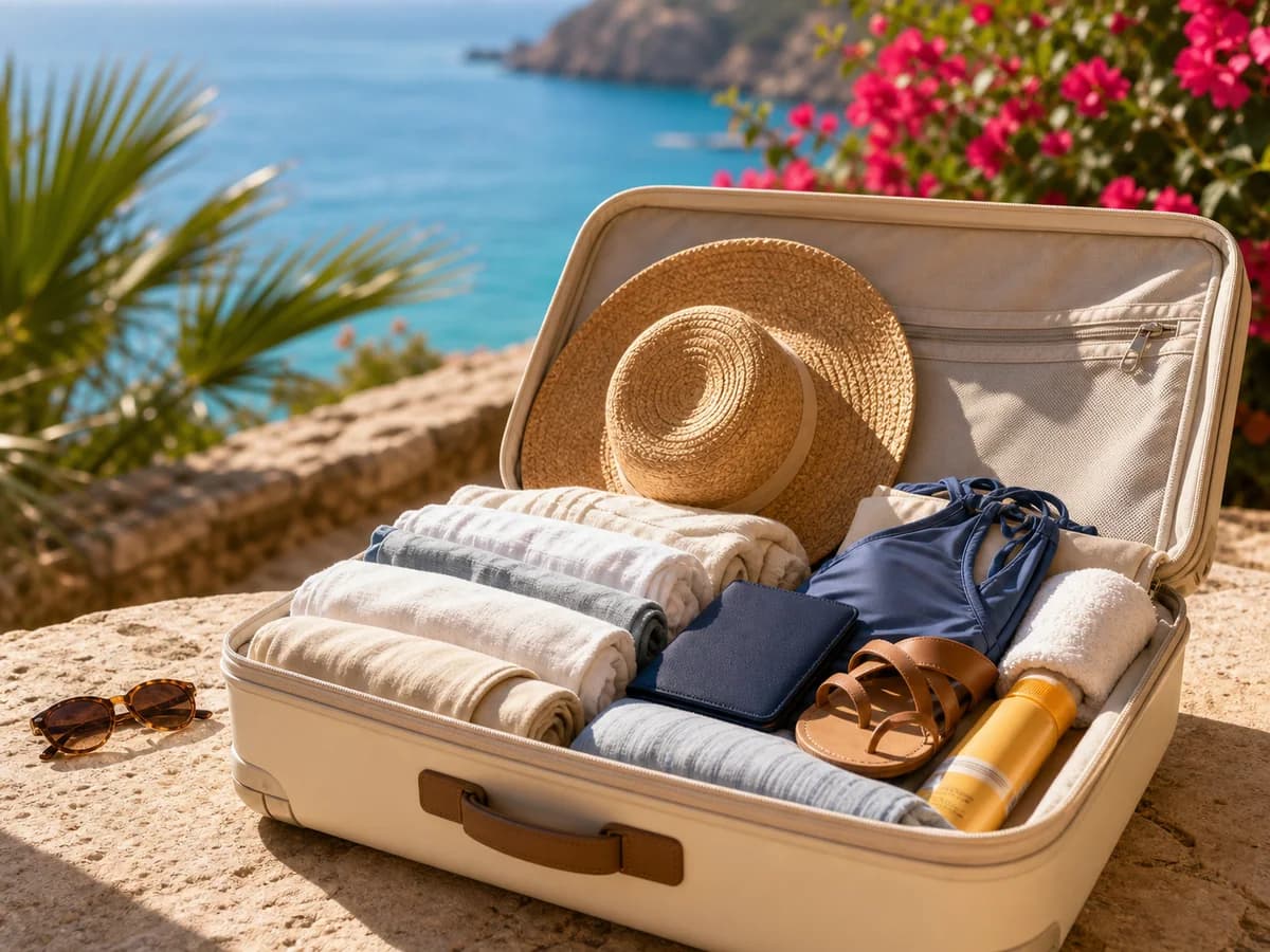 Geöffneter Reisekoffer mit Kleidung und Strandzubehör