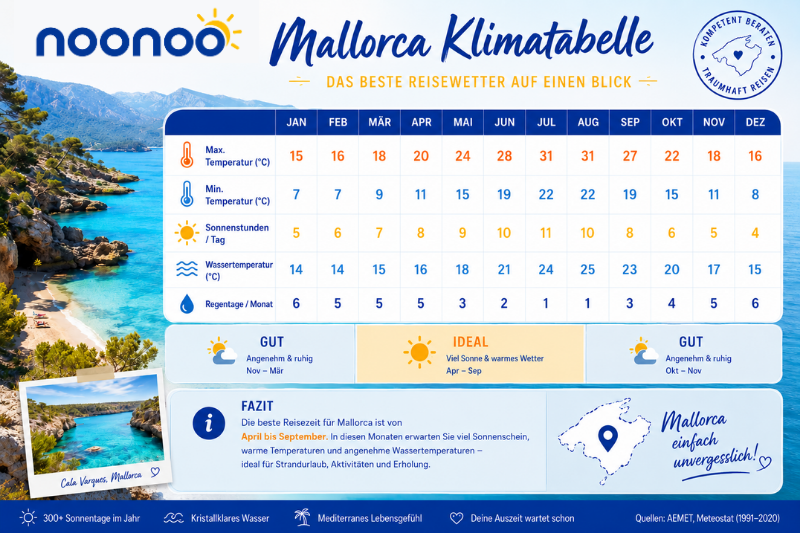 Klimatabelle Mallorca 2026 mit Temperaturen, Sonnenstunden und Regentagen