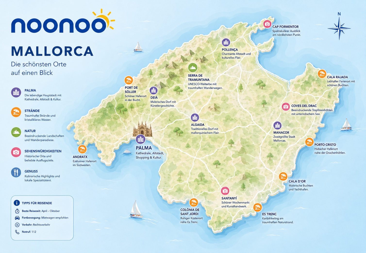 Mallorca Übersichtskarte mit Städten Orten Stränden und Sehenswürdigkeiten