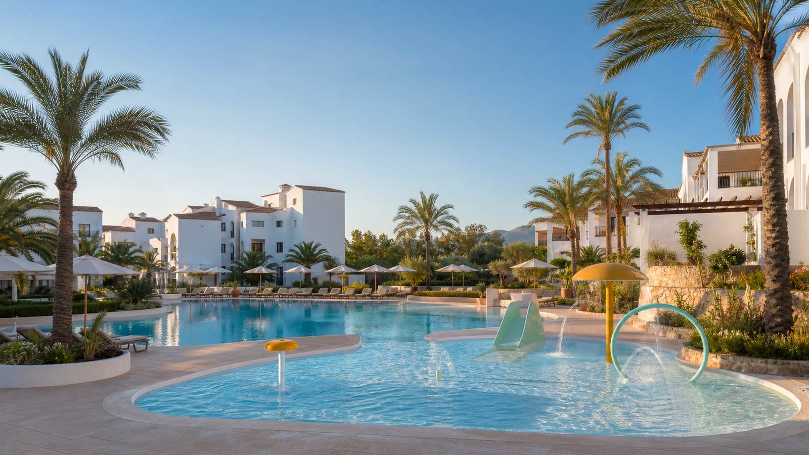 KI-generiertes Mallorca-Stimmungsbild eines mediterranen Hotel-Außenbereichs für den Hotelcheck des ALLSUN  HOTEL MARENA BEACH in Platja De Palma