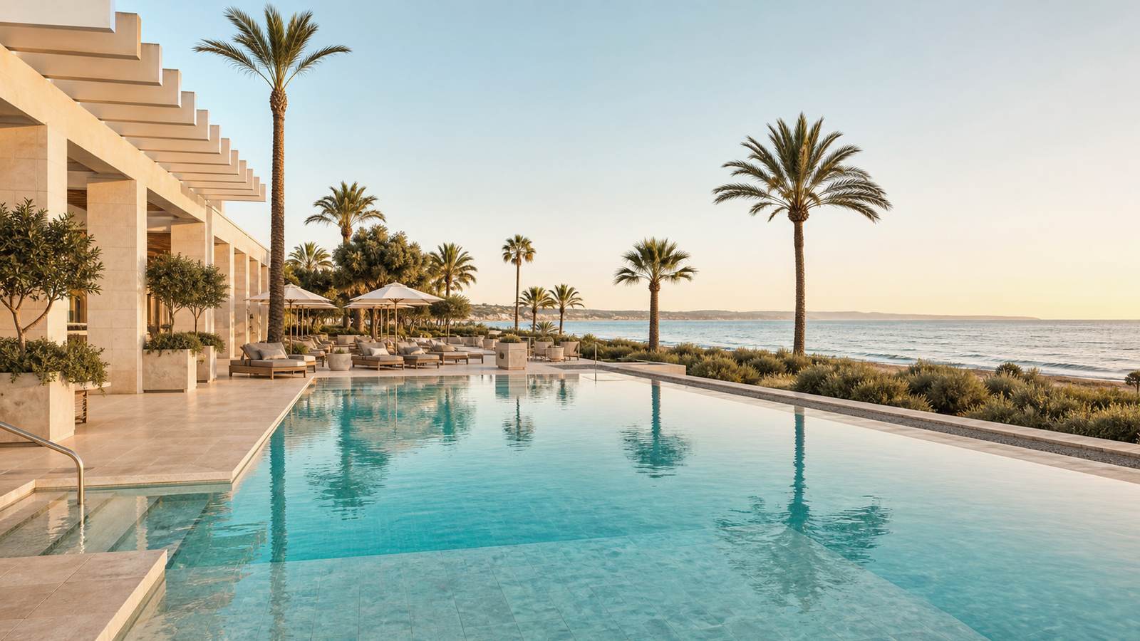 KI-generiertes Mallorca-Stimmungsbild eines mediterranen Hotel-Außenbereichs für den Hotelcheck des Alua Gran Camp de Mar in Camp De Mar