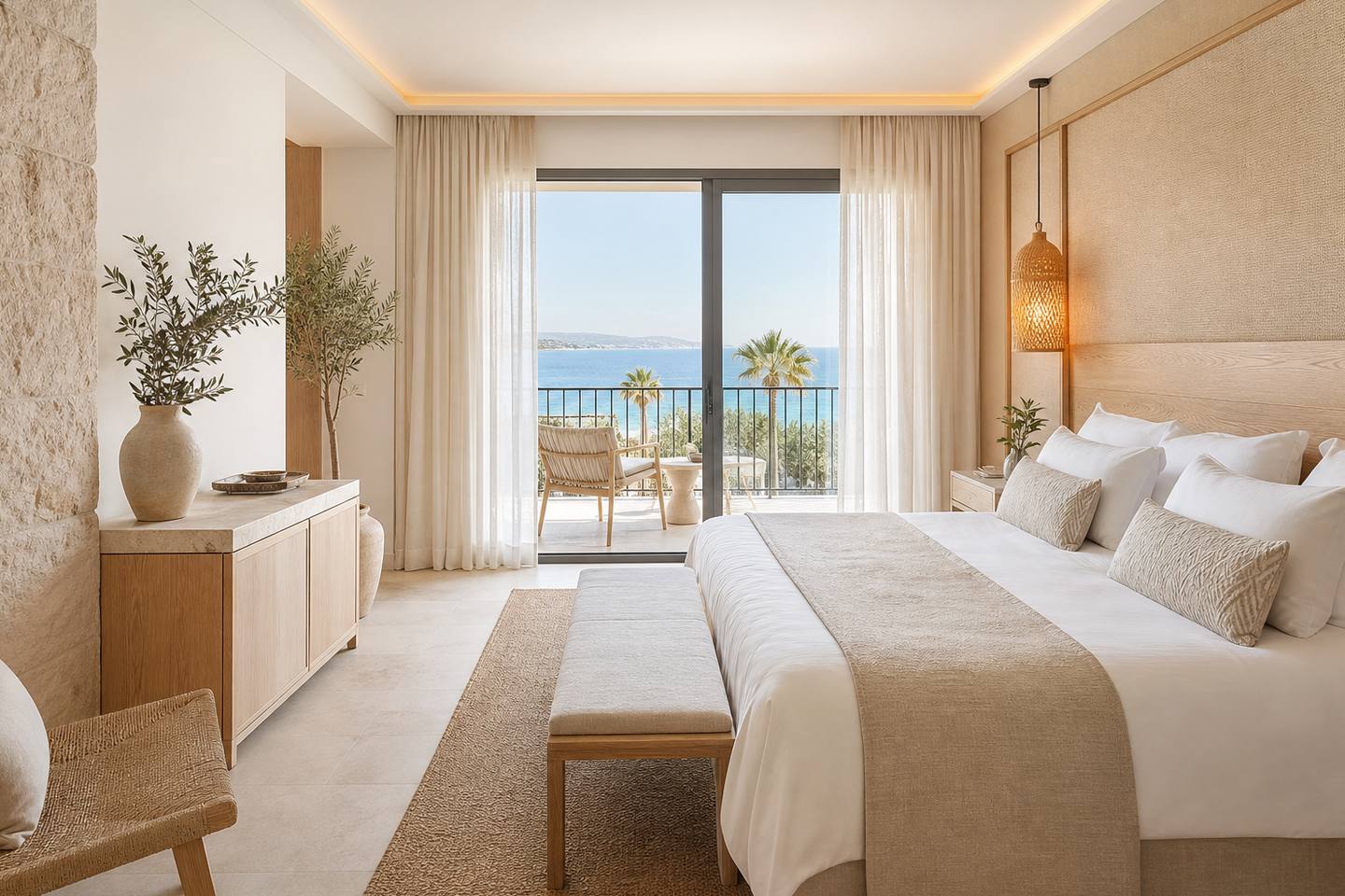 KI-generiertes redaktionelles Stimmungsbild eines mediterranen Hotelzimmers für den Hotelcheck des Alua Gran Camp de Mar in Camp De Mar