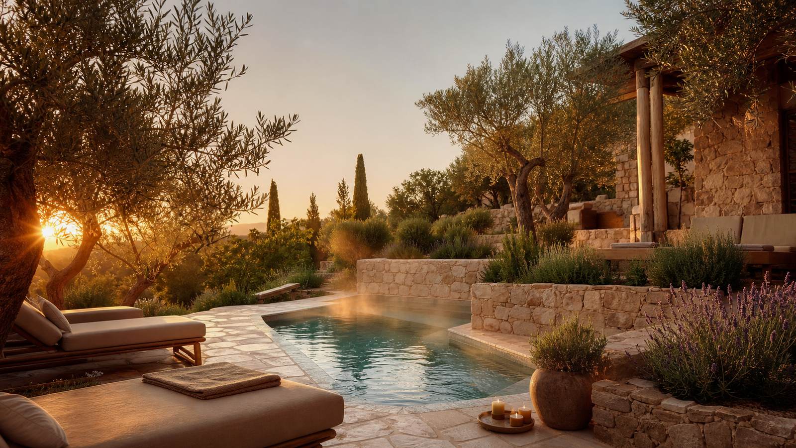 KI-generiertes Mallorca-Stimmungsbild eines mediterranen Hotel-Außenbereichs für den Hotelcheck des ASTORIA PLAYA in Port D´Alcúdia
