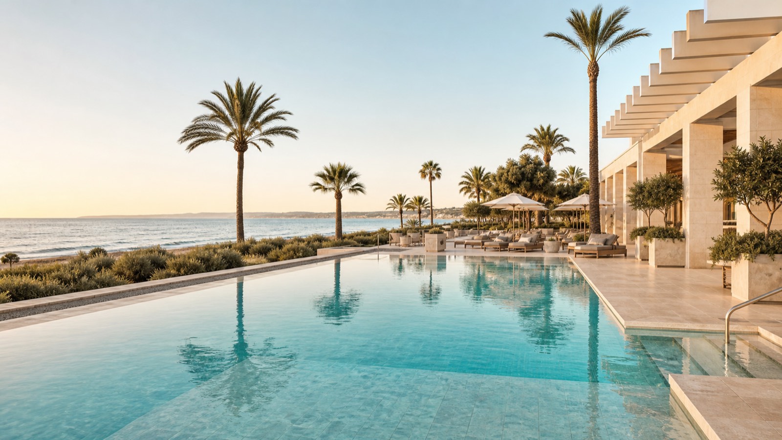 KI-generiertes Mallorca-Stimmungsbild eines mediterranen Hotel-Außenbereichs für den Hotelcheck des Aubamar Palma Resort in Platja De Palma