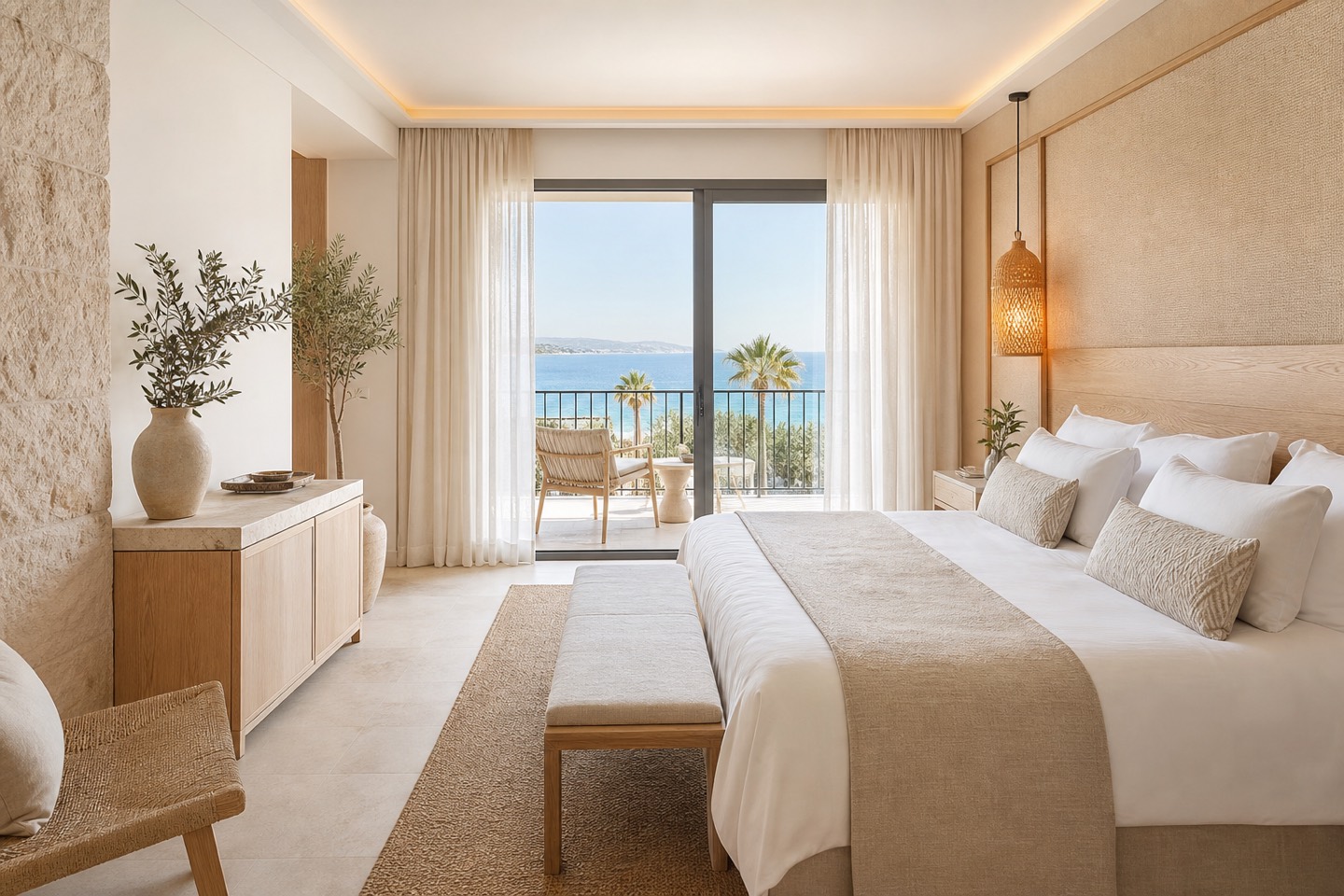 KI-generiertes redaktionelles Stimmungsbild eines mediterranen Hotelzimmers für den Hotelcheck des Aubamar Palma Resort in Platja De Palma