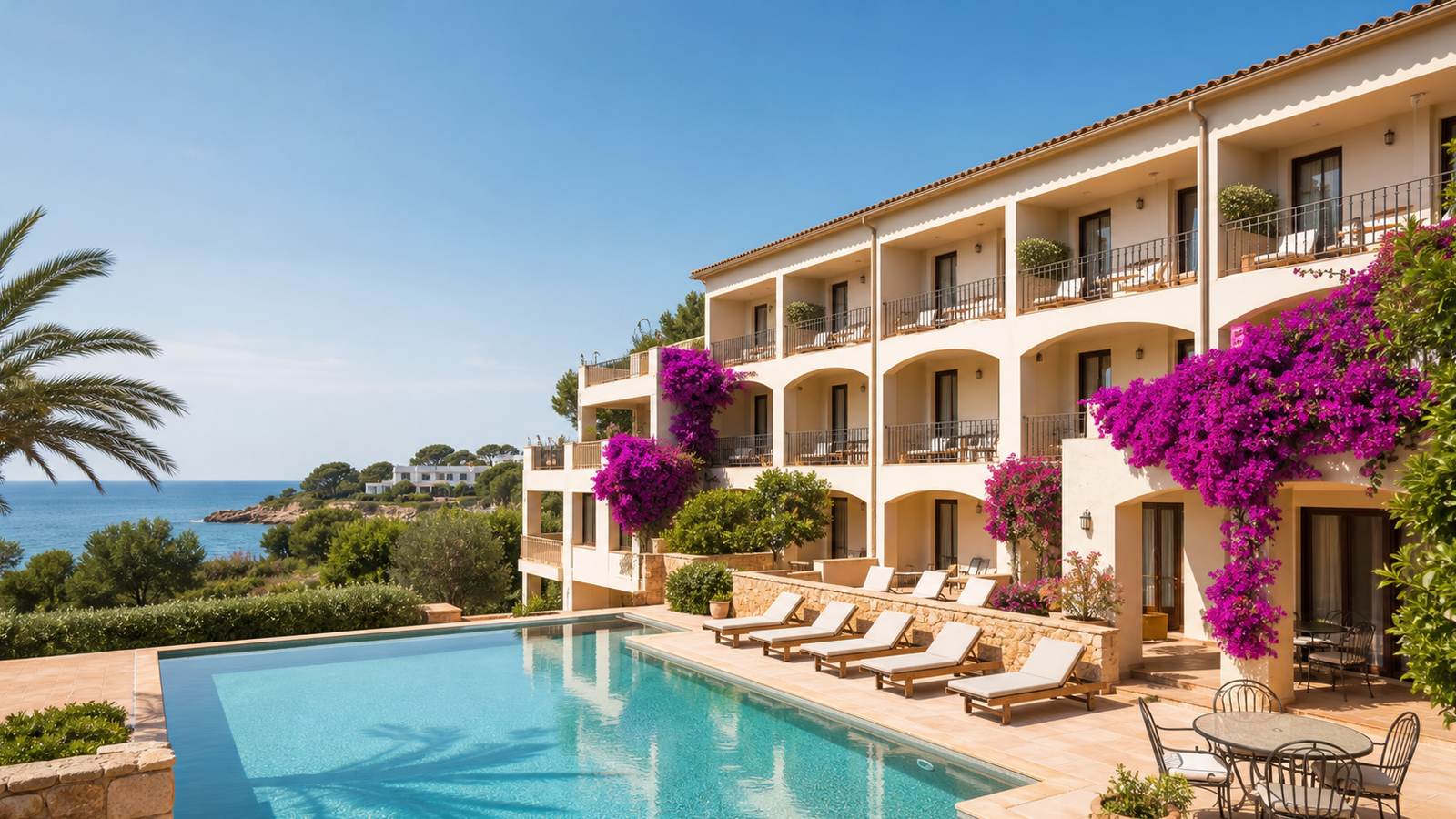 KI-generiertes Mallorca-Stimmungsbild eines mediterranen Hotel-Außenbereichs für den Hotelcheck des AYRON PARK in Platja De Palma