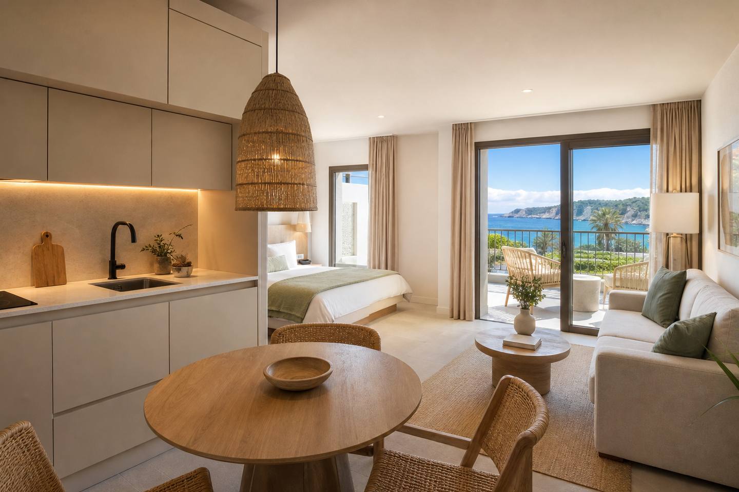 KI-generiertes redaktionelles Stimmungsbild eines mediterranen Hotelzimmers für den Hotelcheck des AYRON PARK in Platja De Palma