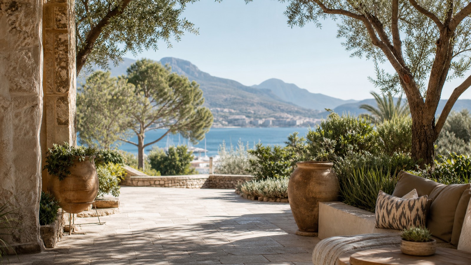 KI-generiertes Mallorca-Stimmungsbild eines mediterranen Hotel-Außenbereichs für den Hotelcheck des BIKINI ISLAND & MOUNTAIN HOTEL PORT DE SOLLER in Port (El)