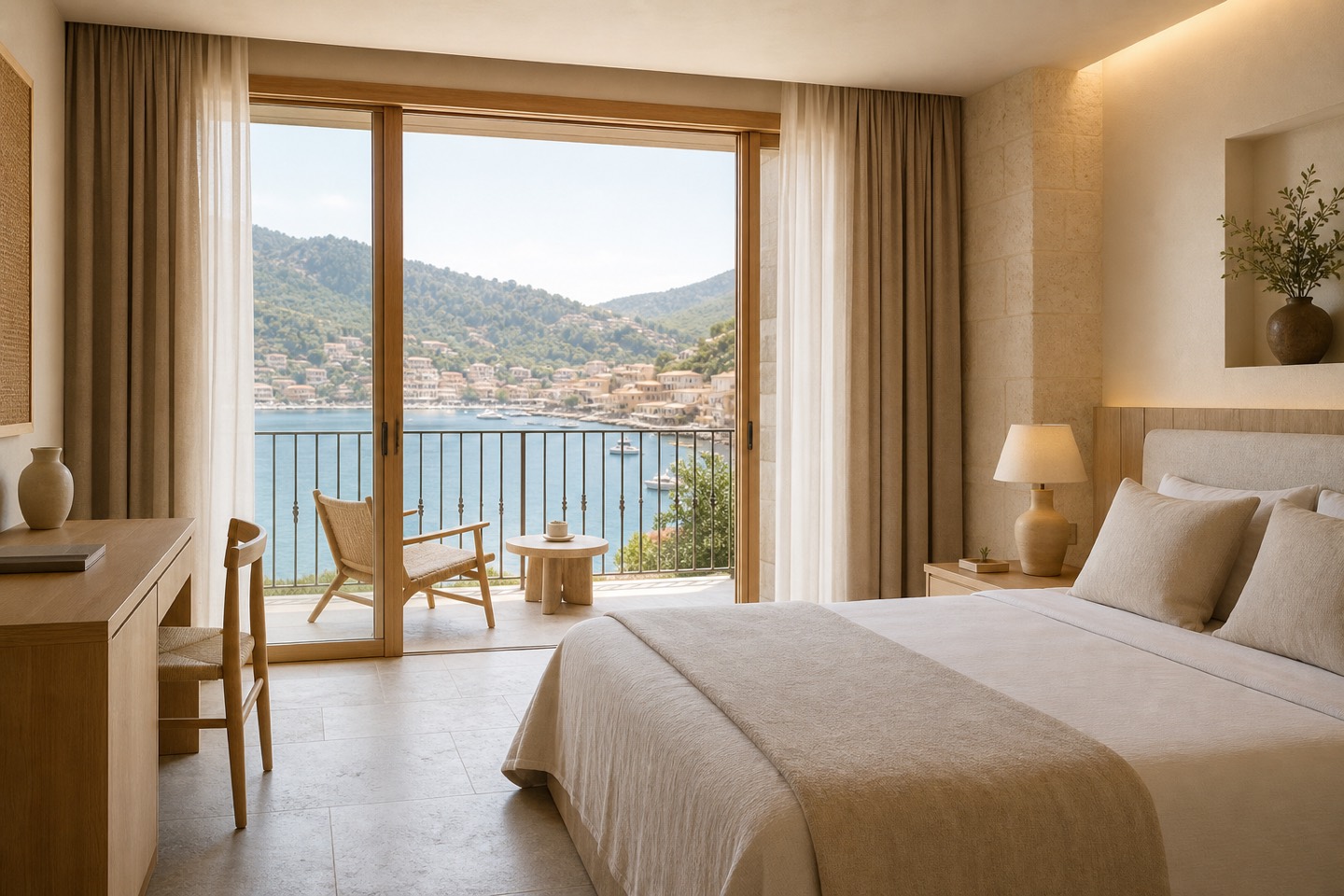 KI-generiertes redaktionelles Stimmungsbild eines mediterranen Hotelzimmers für den Hotelcheck des BIKINI ISLAND & MOUNTAIN HOTEL PORT DE SOLLER in Port (El)