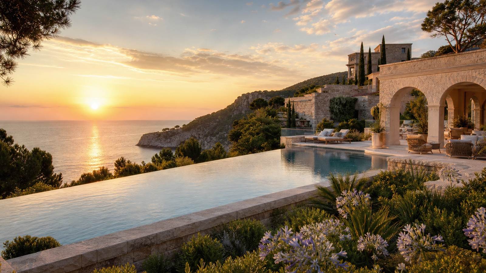 KI-generiertes Mallorca-Stimmungsbild eines mediterranen Hotel-Außenbereichs für den Hotelcheck des CA SA GALESA in Palma