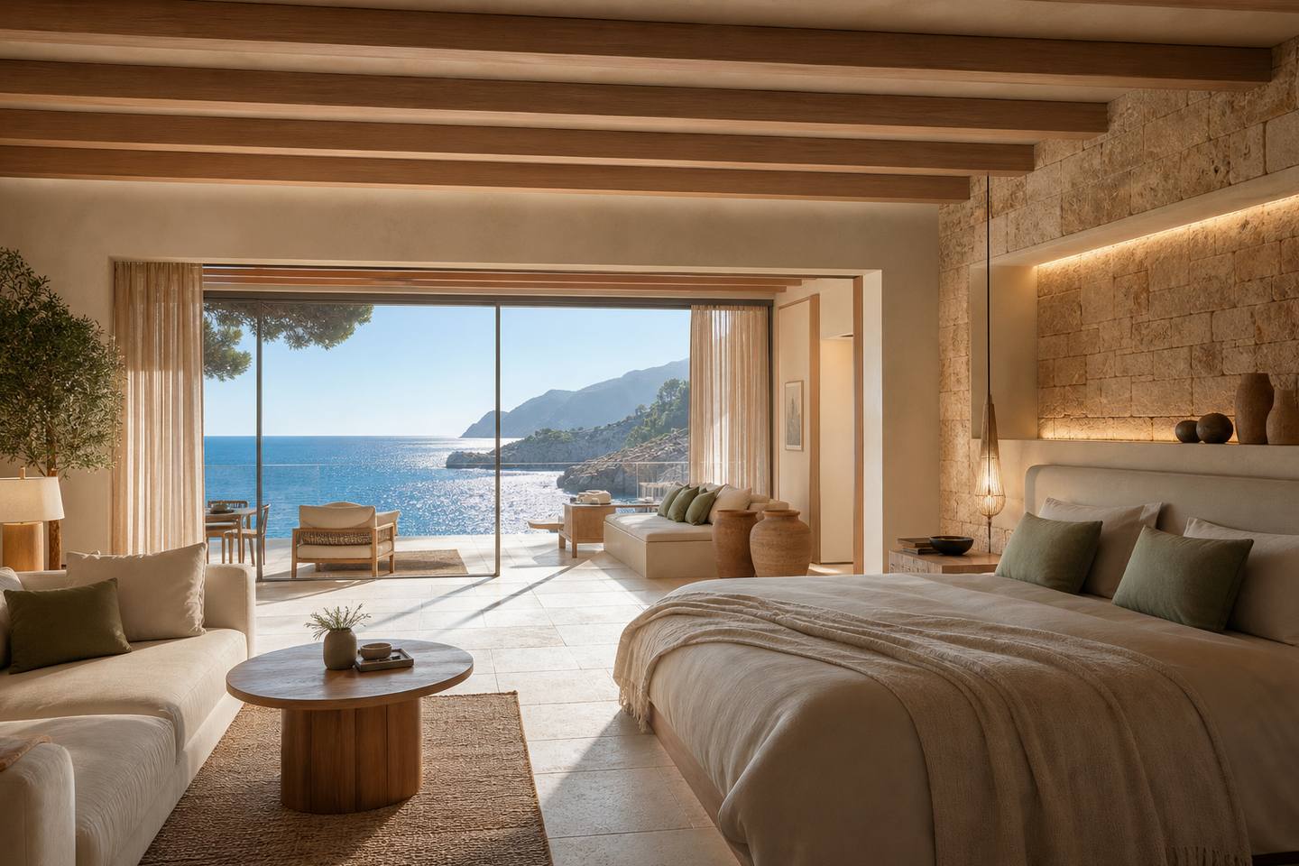 KI-generiertes redaktionelles Stimmungsbild eines mediterranen Hotelzimmers für den Hotelcheck des CA SA GALESA in Palma