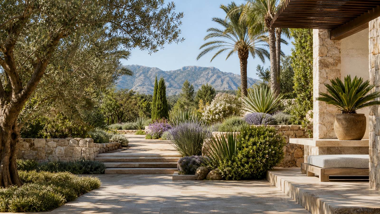 KI-generiertes Mallorca-Stimmungsbild eines mediterranen Hotel-Außenbereichs für den Hotelcheck des Cabot Pollensa Park, spa in Port De Pollença