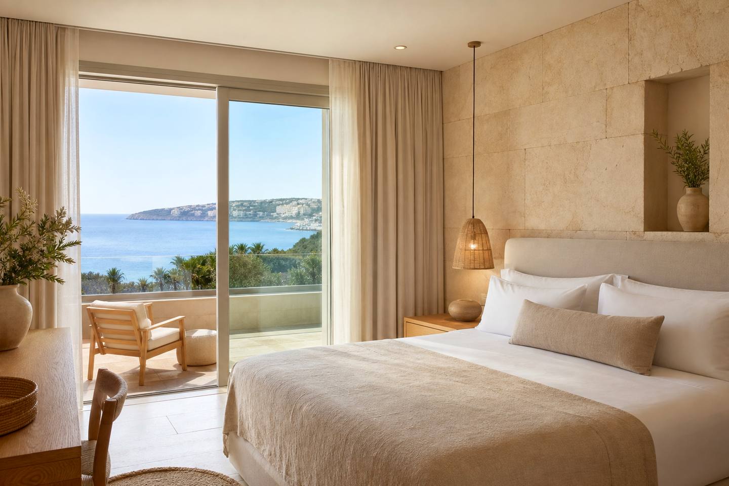 KI-generiertes redaktionelles Stimmungsbild eines mediterranen Hotelzimmers für den Hotelcheck des Cabot Pollensa Park, spa in Port De Pollença