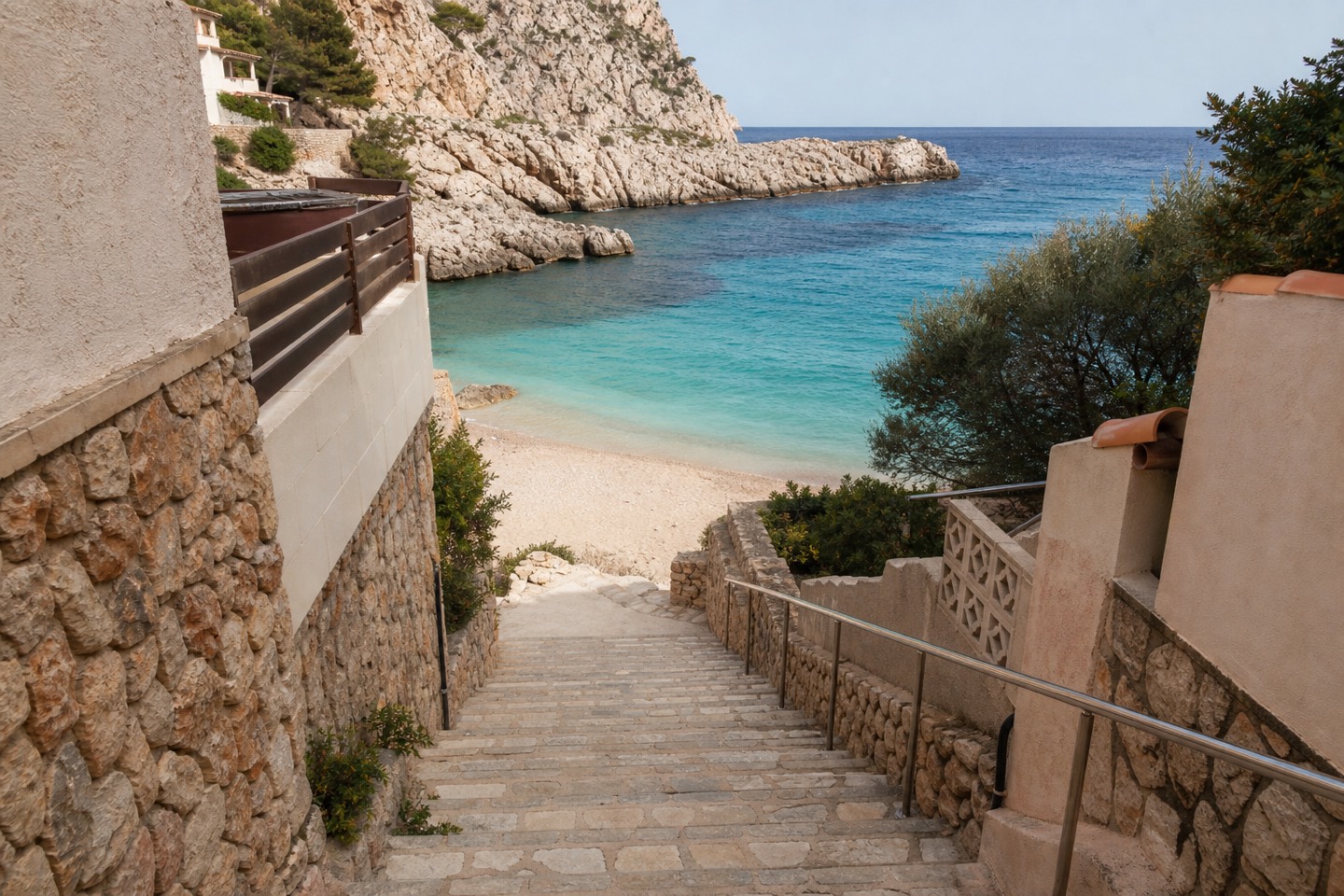 KI-generiertes Stimmungsbild eines breiten Treppenzugangs hinunter zu einer kleinen Sandbucht bei Cala Sant Vicenç