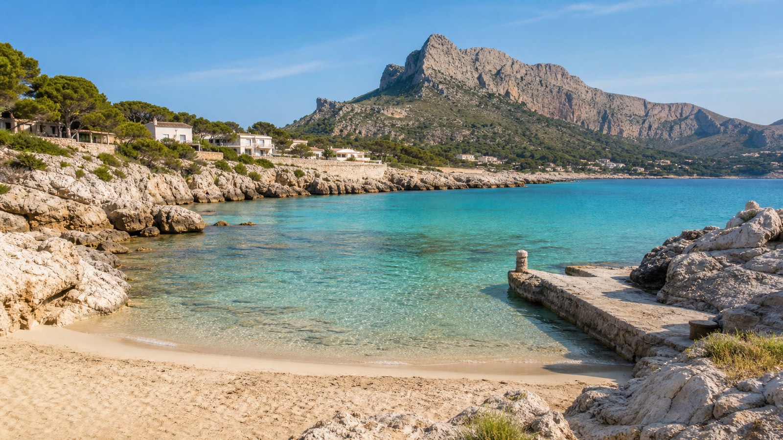 KI-generiertes Stimmungsbild einer Sandbucht im Stil der Cala Barques mit türkisfarbenem Wasser und Cavall-Bernat-Kulisse