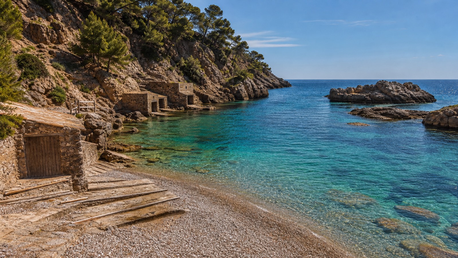 KI-generiertes Stimmungsbild der Cala Deià mit Steinstrand, grobem Sand, Fischerunterständen und kleinen Felsinseln