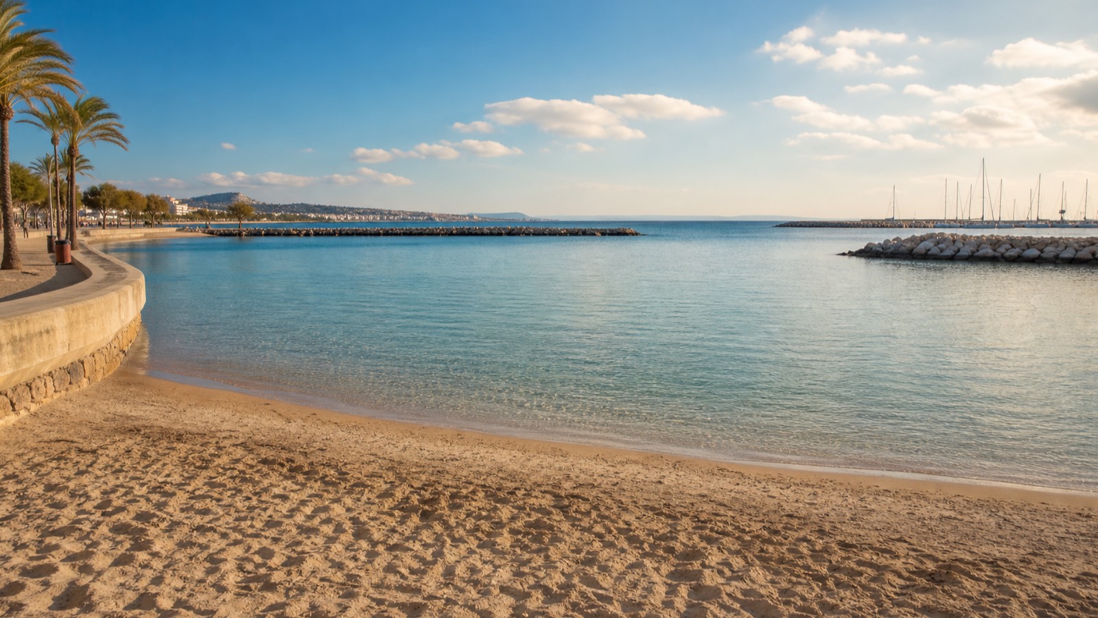 KI-generiertes Stimmungsbild der Cala Estància mit Sandstrand, ruhigem flachem Wasser, niedrigen Wellenbrechern und einer Marina in der Ferne
