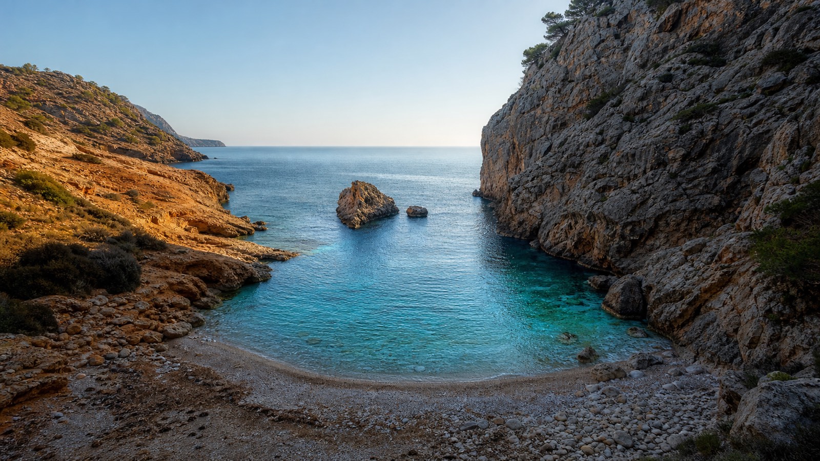 KI-generiertes Stimmungsbild einer kleinen gemischten Sand- und Kiesbucht zwischen hohen Felsen im Stil der Cala Figuera bei Formentor