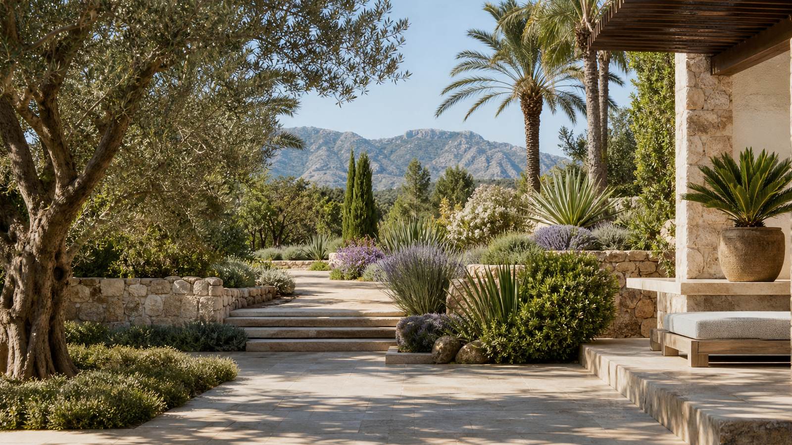 KI-generiertes Mallorca-Stimmungsbild eines mediterranen Hotel-Außenbereichs für den Hotelcheck des CALEIA TALAYOT SPA HOTEL in Cala Millor