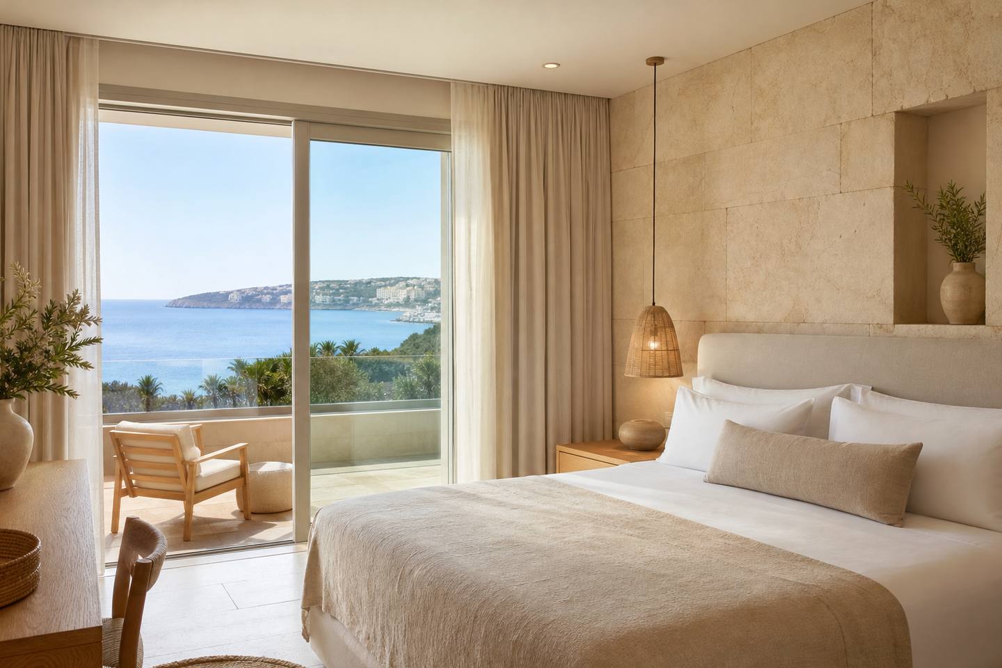 KI-generiertes redaktionelles Stimmungsbild eines mediterranen Hotelzimmers für den Hotelcheck des CALEIA TALAYOT SPA HOTEL in Cala Millor