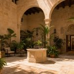 KI-generierter mallorquinischer Palast-Innenhof als Stimmungsbild für Can Cera in Palmas Altstadt mit Naturstein, Bögen und Kunsthandwerk
