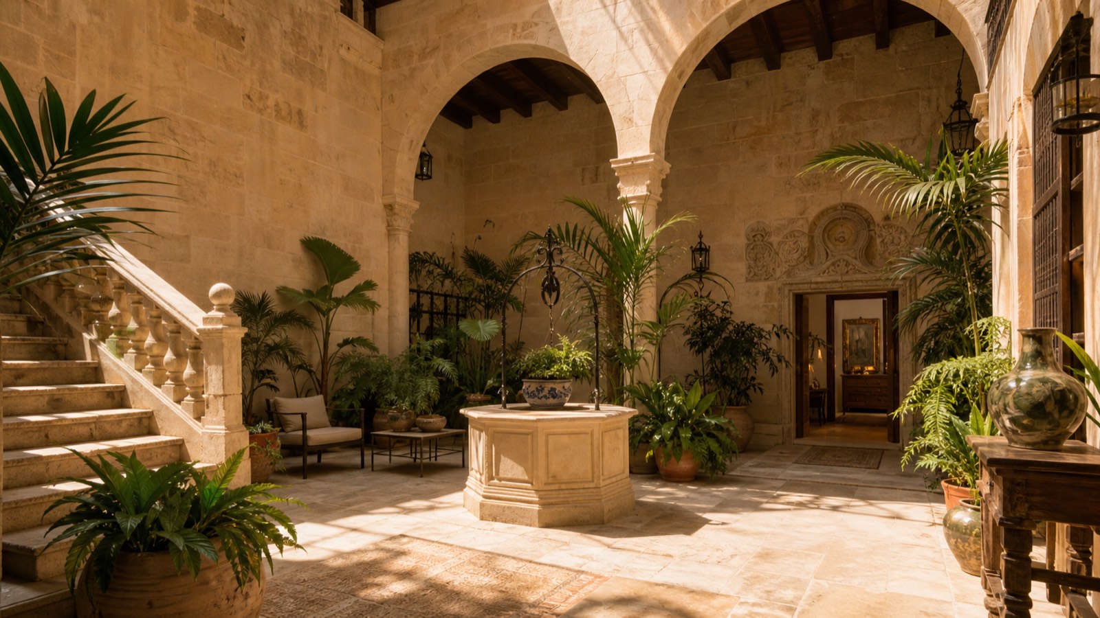 KI-generierter mallorquinischer Palast-Innenhof als Stimmungsbild für Can Cera in Palmas Altstadt mit Naturstein, Bögen und Kunsthandwerk