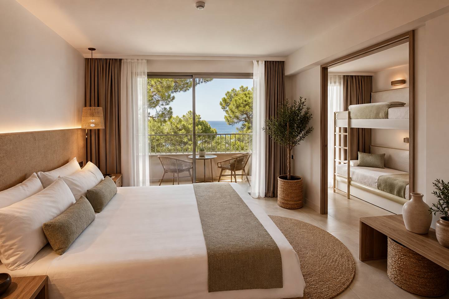 KI-generiertes redaktionelles Stimmungsbild eines mediterranen Hotelzimmers für den Hotelcheck des CA´N PUIG DE SÓLLER in Sóller