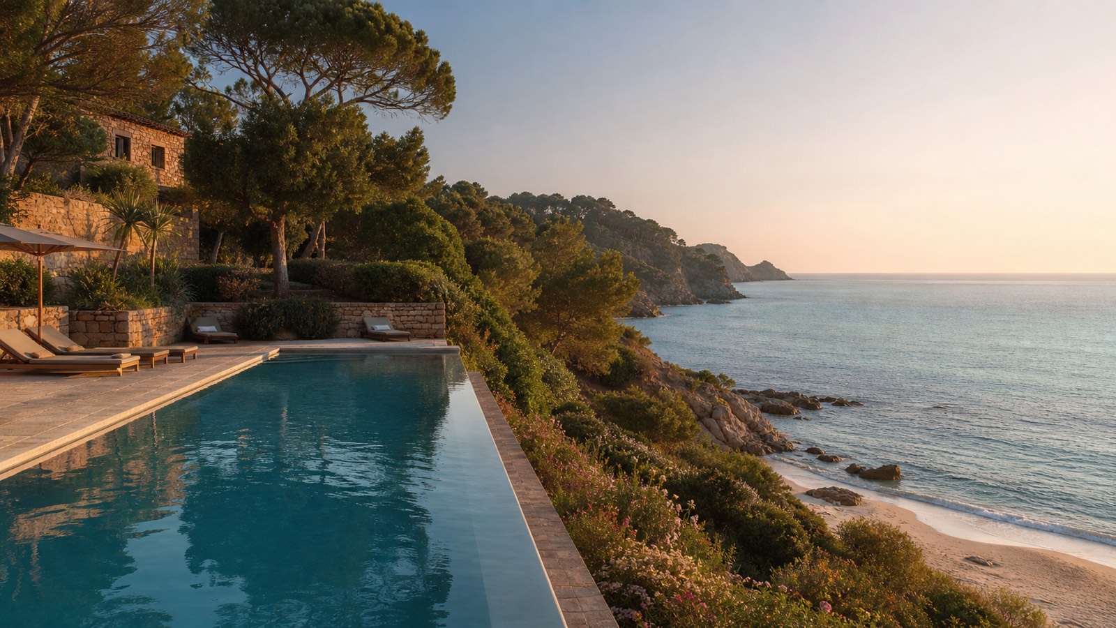 KI-generierte Klippenpool-Stimmung für das Can Simoneta in Canyamel mit historischem Naturstein, mediterranem Garten und Meerblick