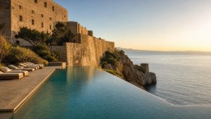 KI-Stimmungsbild für das Cap Rocat mit historischer Küstenfestung, Infinitypool und Blick über die Bucht von Palma