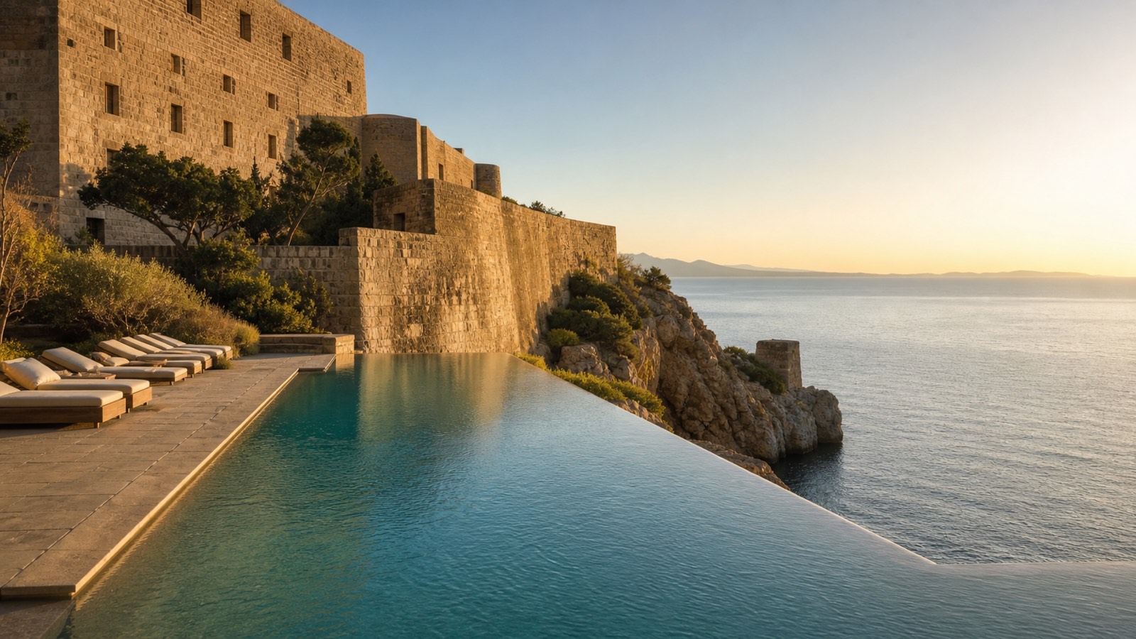KI-Stimmungsbild für das Cap Rocat mit historischer Küstenfestung, Infinitypool und Blick über die Bucht von Palma