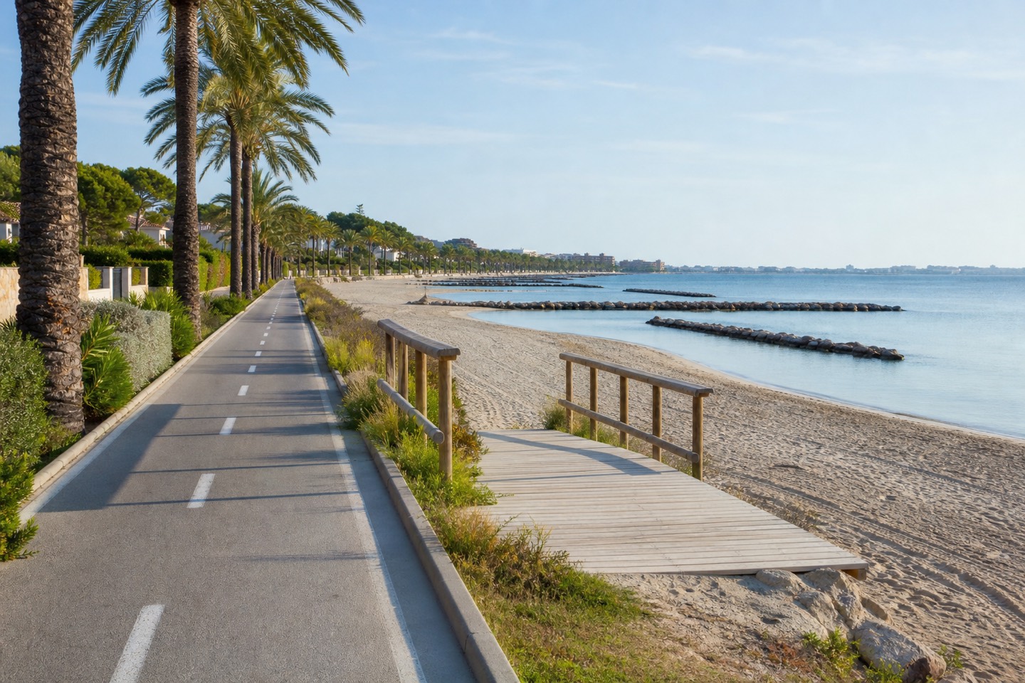 KI-generiertes Stimmungsbild einer palmenbestandenen Promenade mit Radweg, Holzsteg, ruhigem Strand und schützenden Wellenbrechern in Ciutat Jardí