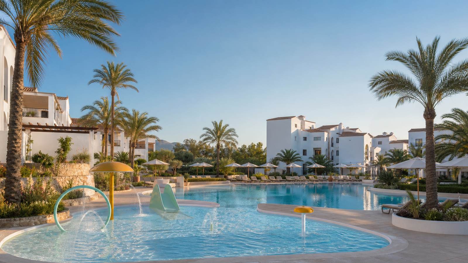 KI-generiertes Mallorca-Stimmungsbild eines mediterranen Hotel-Außenbereichs für den Hotelcheck des CLUB SIMO in Cala Millor