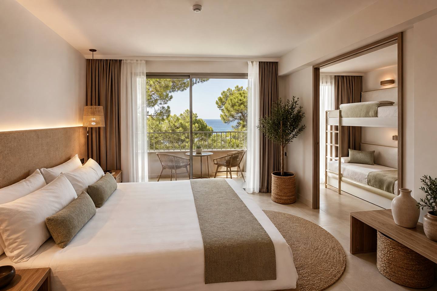 KI-generiertes redaktionelles Stimmungsbild eines mediterranen Hotelzimmers für den Hotelcheck des CLUB SIMO in Cala Millor