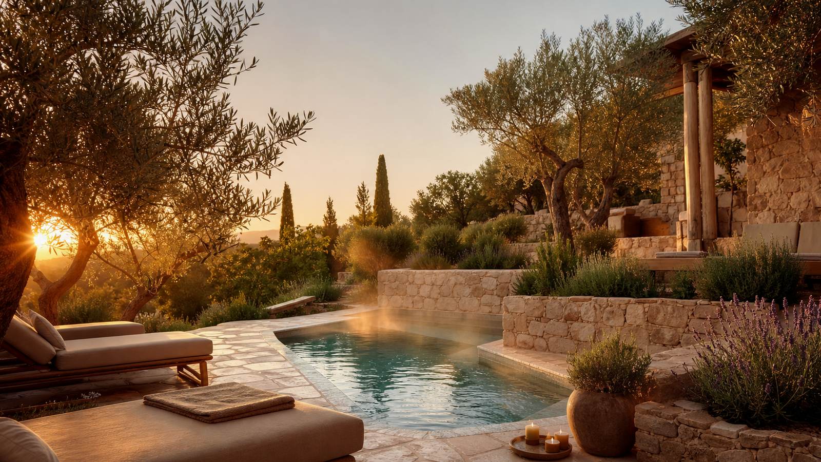 KI-generiertes Mallorca-Stimmungsbild eines mediterranen Hotel-Außenbereichs für den Hotelcheck des DUVA CONVENTIOS CENTER & SPA in Port De Pollença