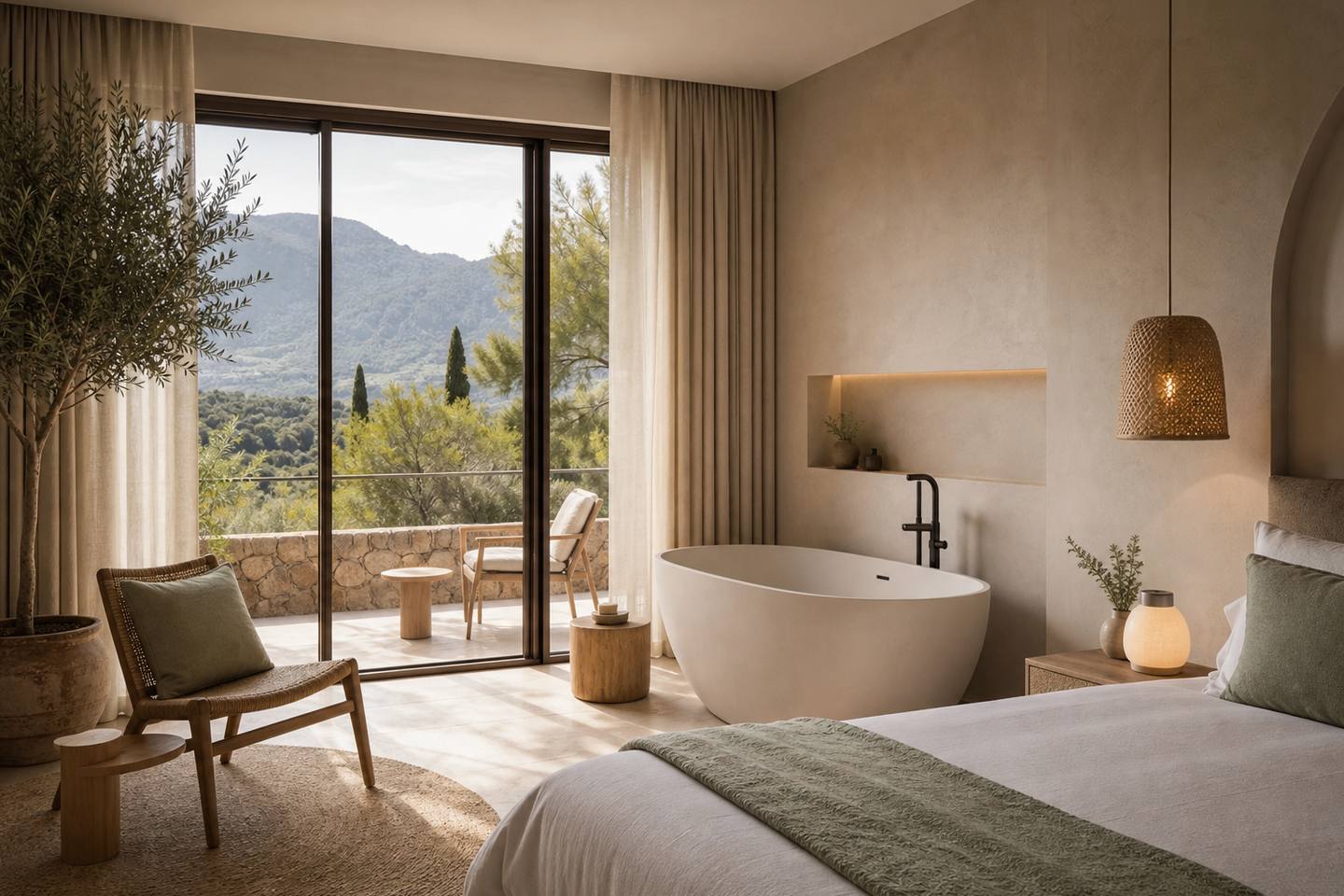 KI-generiertes redaktionelles Stimmungsbild eines mediterranen Hotelzimmers für den Hotelcheck des DUVA CONVENTIOS CENTER & SPA in Port De Pollença