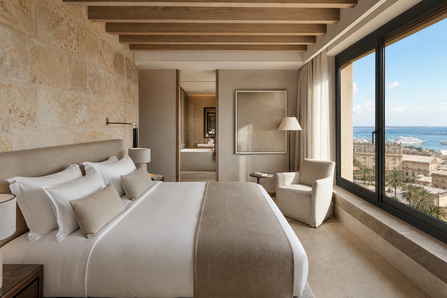 KI-generiertes Stimmungsbild für Es Príncep mit modernem Luxuszimmer, Naturstein und teilweisem Meerblick