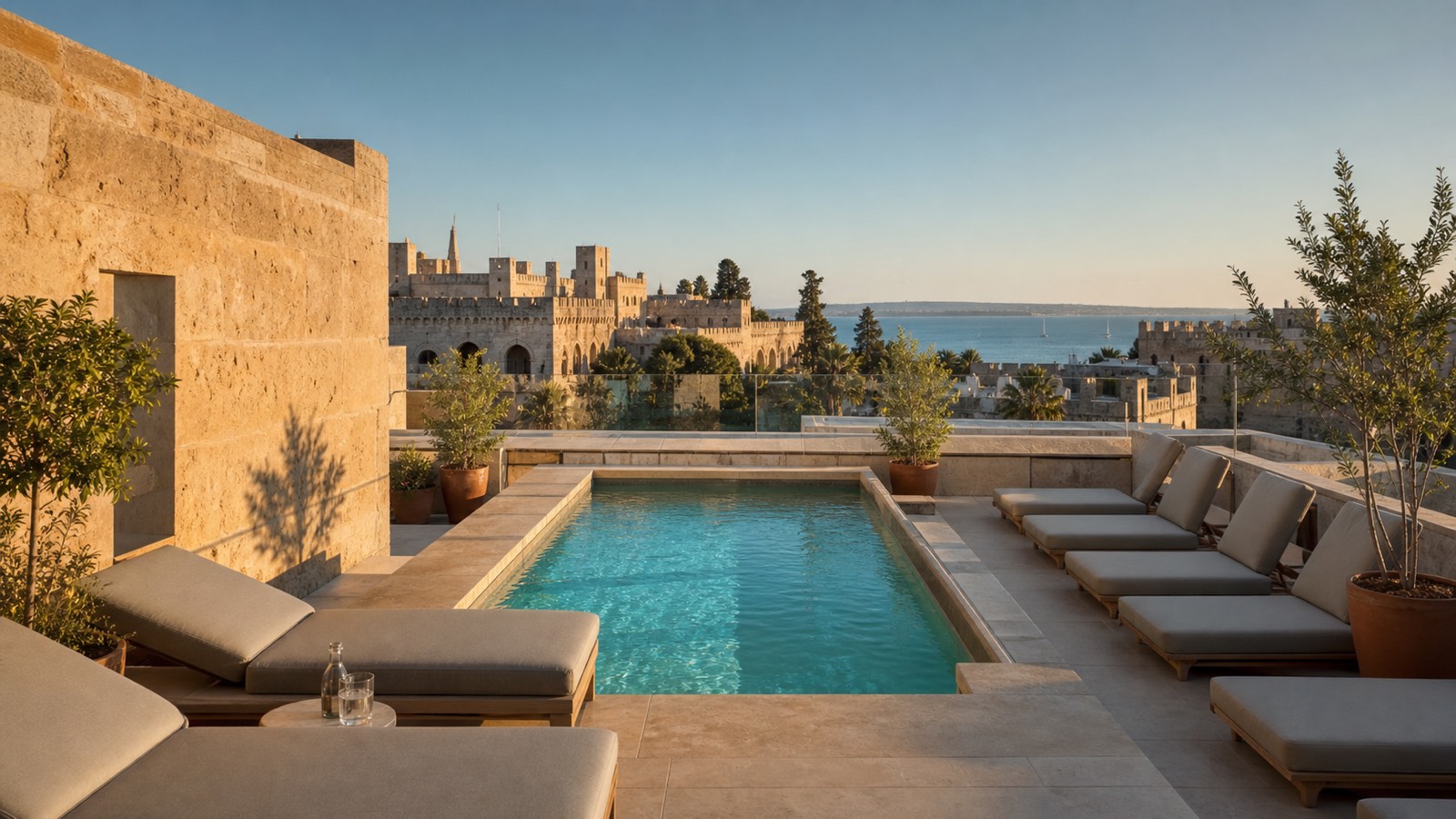 KI-generiertes Stimmungsbild für Es Príncep mit Rooftop-Pool, Palmes Altstadtmauern und Blick auf die Bucht