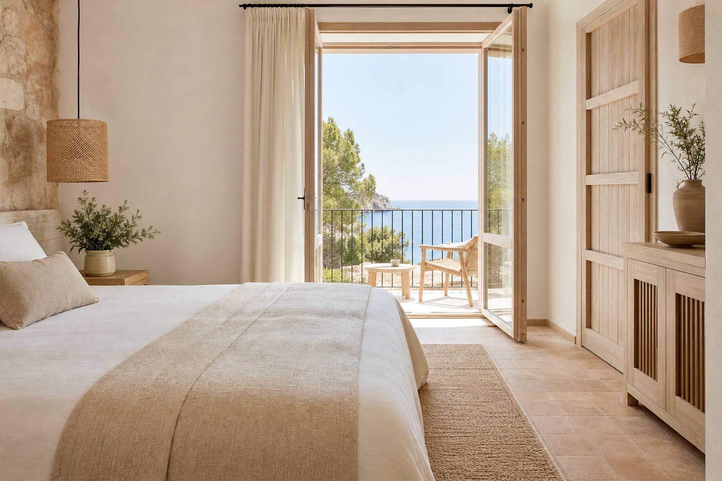 KI-generiertes redaktionelles Stimmungsbild eines mediterranen Hotelzimmers für den Hotelcheck des ESPLENDIDO DE SOLLER in Port (El)