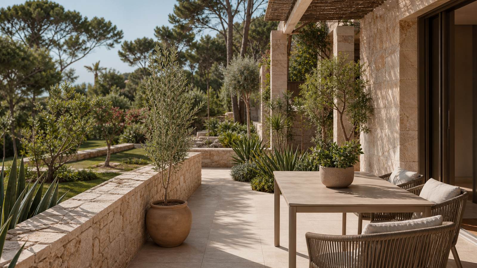 KI-generiertes Mallorca-Stimmungsbild eines mediterranen Hotel-Außenbereichs für den Hotelcheck des FERGUS SOLLER BEACH in Port (El)