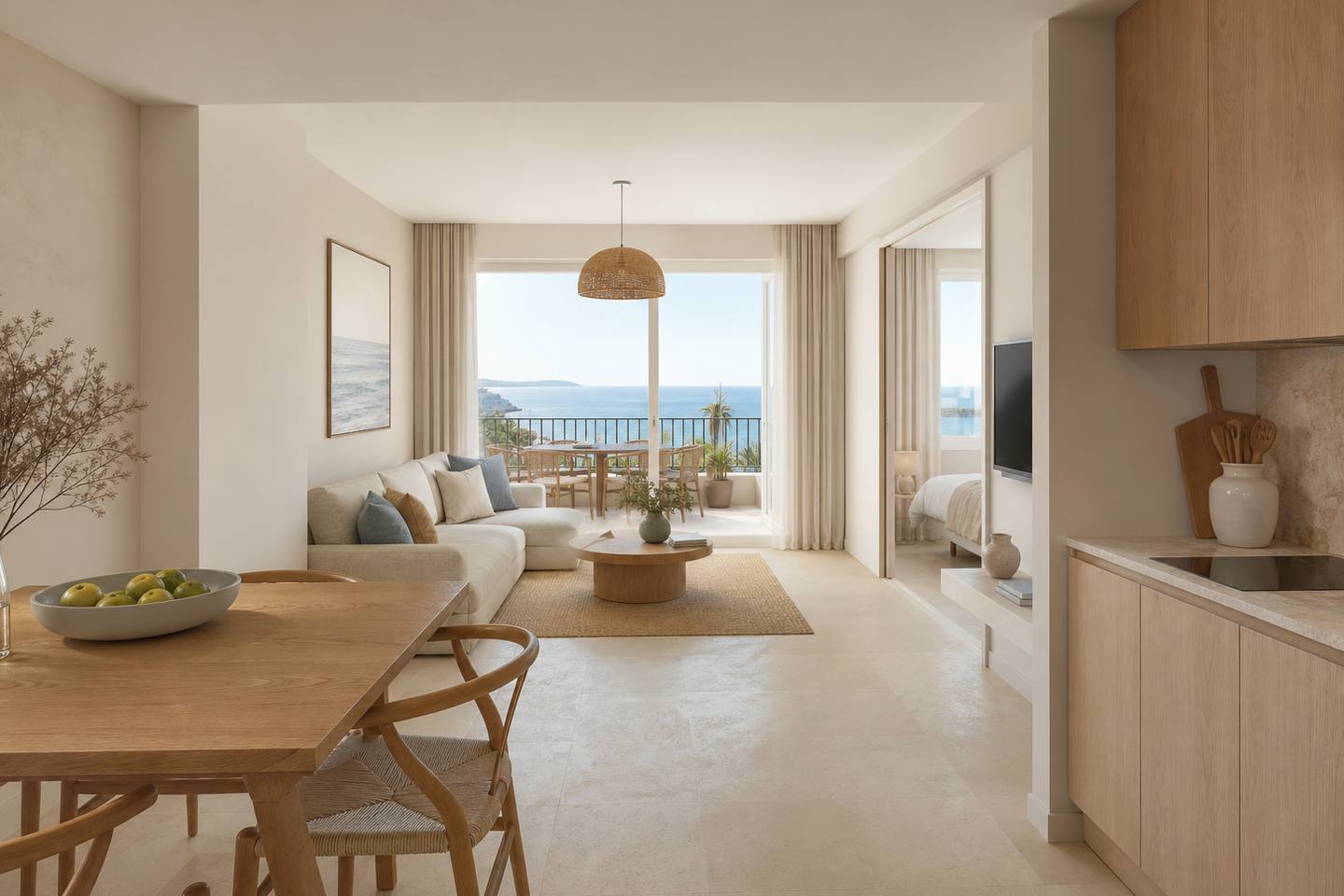 KI-generiertes redaktionelles Stimmungsbild eines mediterranen Hotelzimmers für den Hotelcheck des FERGUS SOLLER BEACH in Port (El)