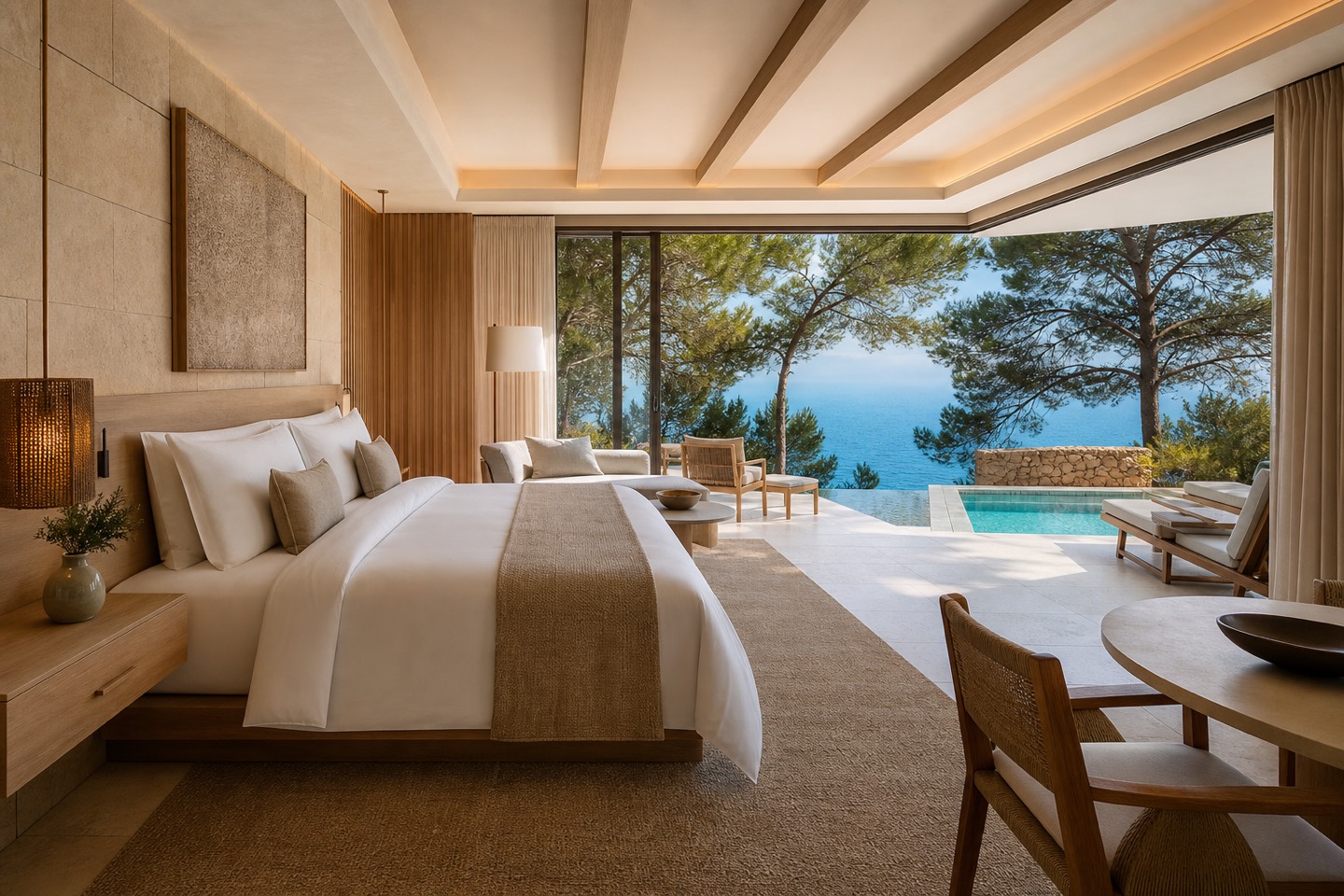 KI-Stimmungsbild für das Four Seasons Resort Mallorca at Formentor mit elegantem Zimmer, Terrasse, privatem Tauchbecken und Meerblick
