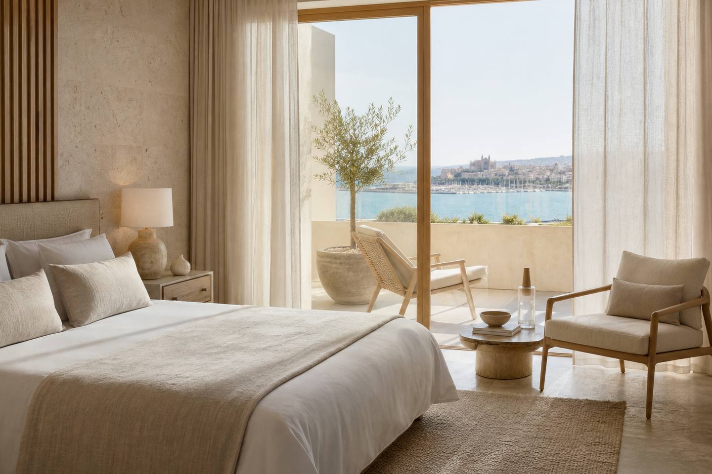 KI-generiertes redaktionelles Stimmungsbild eines mediterranen Hotelzimmers für den Hotelcheck des GRAN HOTEL SOLLER in Sóller