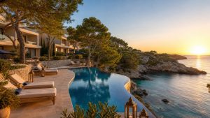 KI-Visualisierung für Grupotel Aguait Resort und Spa mit Meerblickpool an einer felsigen Bucht bei Cala Ratjada