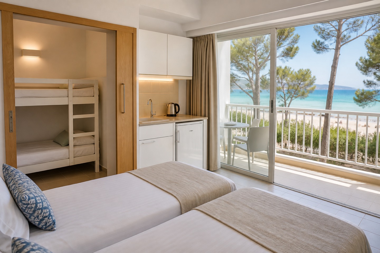 KI-generiertes Stimmungsbild eines hellen Familienappartements mit zwei Einzelbetten, Etagenbett, Kitchenette und seitlichem Meerblick für das Grupotel Alcudia Pins