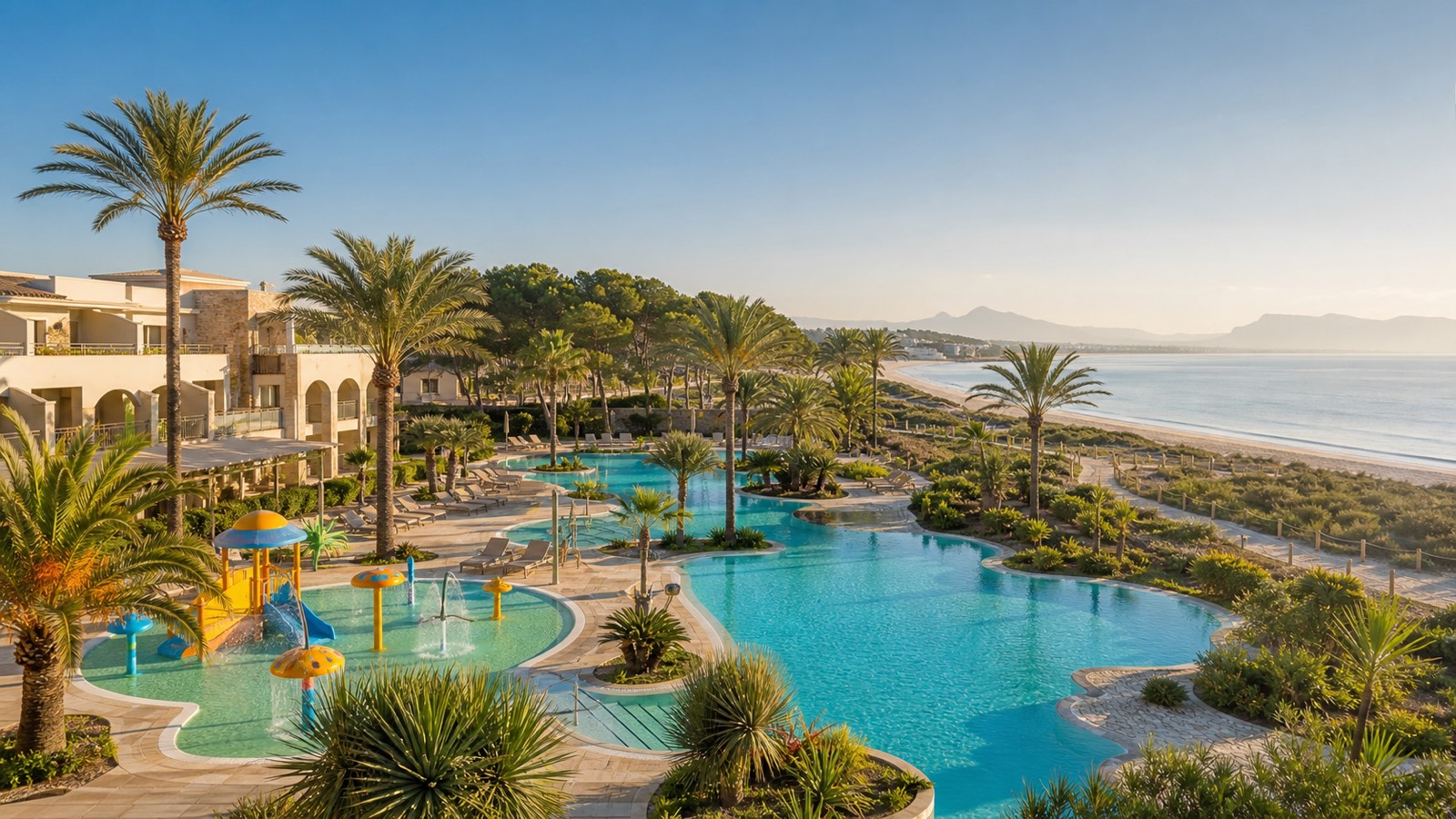 KI-generiertes Stimmungsbild einer familienfreundlichen Poollandschaft direkt am Sandstrand von Playa de Muro für das Grupotel Alcudia Pins