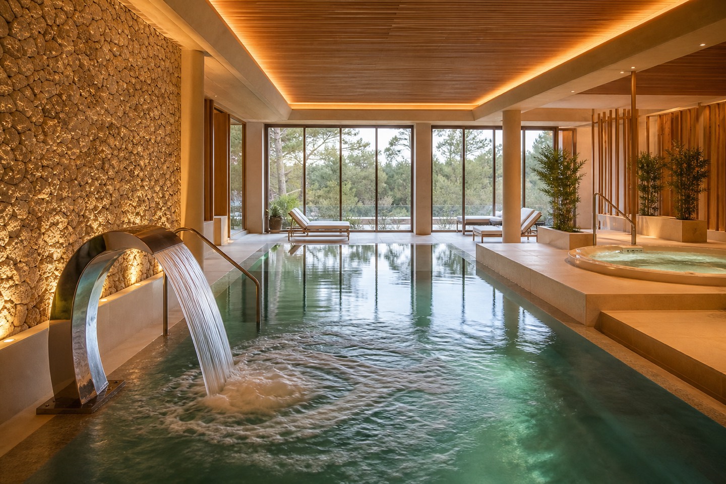 KI-generiertes Stimmungsbild eines ruhigen Spa-Innenpools mit Wasserfall, Whirlpool, Naturstein und Pinienblick für das Grupotel Cala Marsal Nature Hotel
