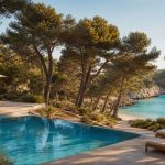 KI-generiertes Stimmungsbild eines modernen Nature-Hotels mit Pool zwischen Pinien und der Cala Marsal bei Portocolom – keine Originalaufnahme des Grupotel Cala Marsal Nature Hotel.