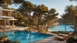 KI-generiertes Stimmungsbild eines modernen Nature-Hotels mit Pool zwischen Pinien und der Cala Marsal bei Portocolom – keine Originalaufnahme des Grupotel Cala Marsal Nature Hotel.