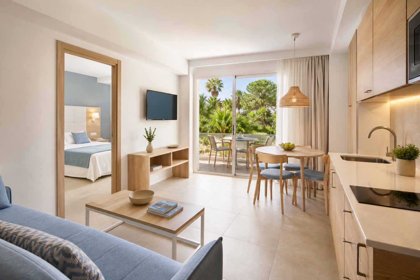 KI-generiertes Stimmungsbild eines 45 Quadratmeter großen Apartments mit Schlafzimmer, Wohnbereich, Küche und Gartenterrasse für das Grupotel Gran Vista & Spa