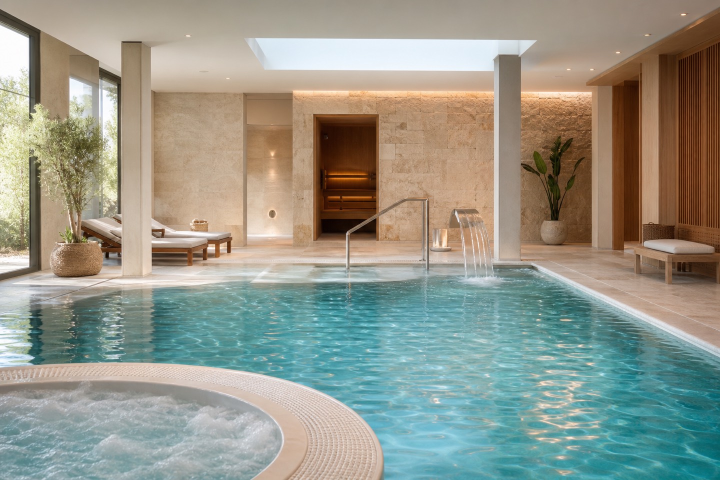 KI-Stimmungsbild für Grupotel Marítimo mit Innenpool, Whirlpool und Sauna in heller Wellnessatmosphäre